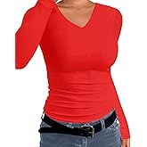 Sinono V Neck T Shirts for Women Long Sleeve Casual Ribbed Slim Fitted Tops