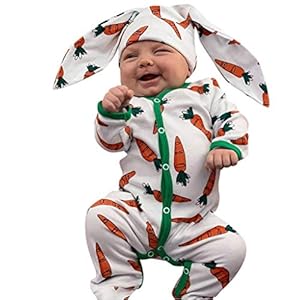 Xmiral Baby jongens meisjes cartoon wortelprint jumpsuit + konijnenoren hoed outfit