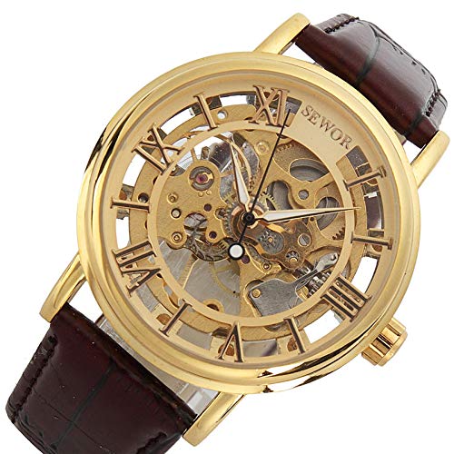 SEWOR Men\'s Mechanical Skeleton Transparent Vintage Style Leather Wrist Watch (Gold Case)