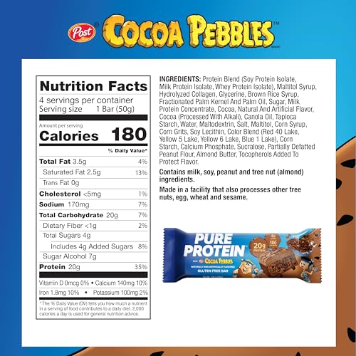 PURE PROTEIN COCOA PEBBLES™ PROTEIN BARS – 20G PROTEIN, 4G SUGAR, 180 CALORIES (4 COUNT) LOW SUGAR* HIGH PROTEIN SNACK – GLUTEN FREE – PERFECT FOR A HEALTHY SNACK.