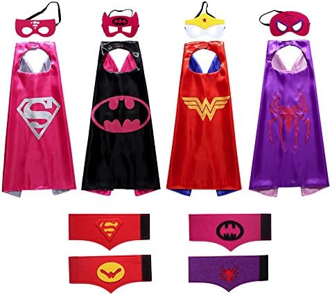 Cartoon Superhero Dress Up Costumes 4 Satin capes with Felt masks and Bracelets for Girls