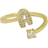 Initial Letter Ring for Women 18k Gold Plated Adjustable Alphabet Rings Stackable Copper Band Crystal Inlaid Initial Jewelry Gift