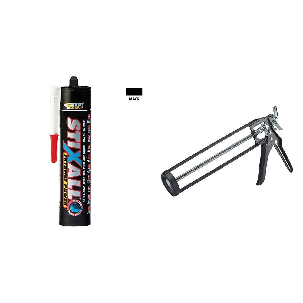 Everbuild Stixall Extreme Power, Building Adhesive and Sealant Hybrid, Black, 290 ml & Professional Caulk, Sealant, Adhesive Application Gun For Up To C3/310 ml Cartridges