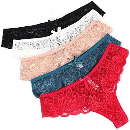Hongee Women’s Thong Underwear 5 Pack Low Rise Lace Trim Sexy Tanga Panties Lingerie