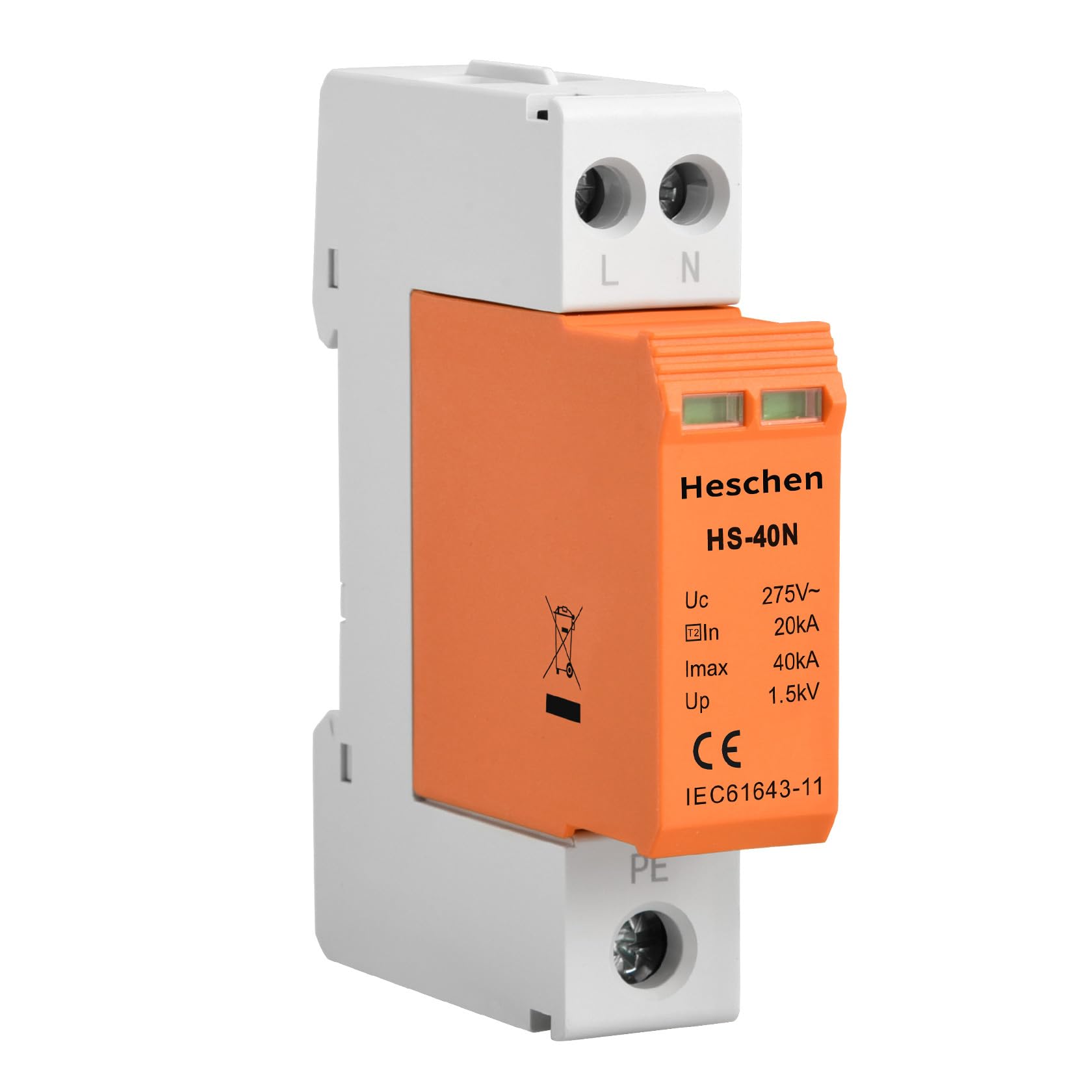 Heschen Surge Protective Device SPD, HS-40N, 275VAC 20KA, Fire-Proof, Low-Voltage Arrester, 35mm DIN Rail Mounting (2P)