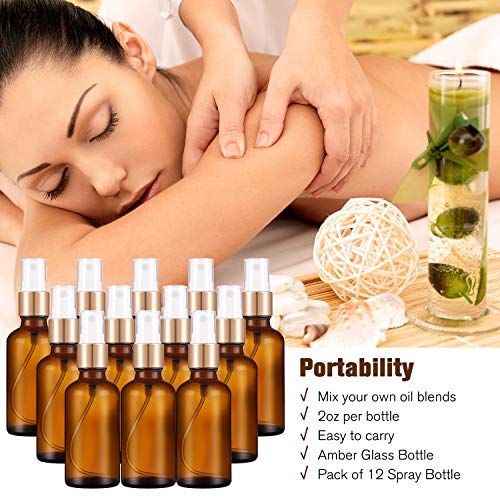 PrettyCare Glass Spray Bottles for Essential Oil 2 oz 12 Pack (Unique Amber Bottle with Golden Caps & 2 Extra Sprayer, 24 Labels and Funnels) Small Refillable Fine Mist Dispenser for Cleaning Product