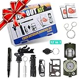 Emergency Survival Kit - Exqline 12 in 1 Car EDC Hiking Camping Hunting Tactical Survival Gear - Military Compass Emergency Blanket Survival Knife Fire Starter Whistle Flashlight Tactical Pen etc