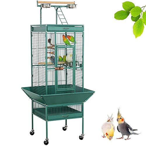Yaheetech 62-inch Wrought Iron Rolling Large Bird Cages for African Grey Mid-Sized Parrots Cockatiels Sun Parakeet Green Cheek Conure Lovebird Budgie Bird Cage with Stand (Renewed)