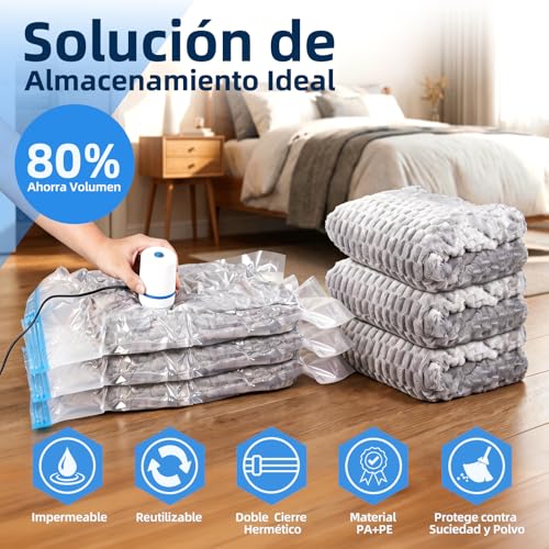 16 Piezas 60x40 cm Bolsas de Almacenamiento de Vacío con Bomba Eléctrica,Bolsas al vacio ropa viaje,80% de Ahorro de Espacio,Compresión rápida en 30s, Reutilizables, Almacenar Edredones,Cobertores