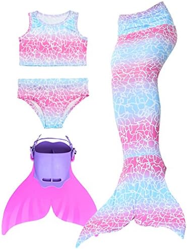 Speedcarbon11 Kids Girl's Sparkle Mermaid Tail with Monofin Swimmable Swimwear 4pcs Set Bikini Swimsuit (blue pink, 12(130-140cm))