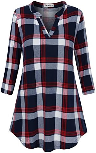SUNGLORY Women's Casual 3/4 Sleeve V-Neck Plaid Shirts Pullover Top