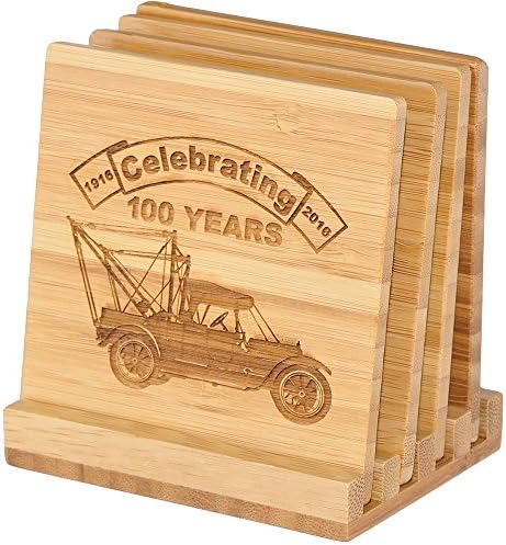 AW Direct Celebratory Bamboo Tow Truck Coasters, Set of 4 with Display Holder, Celebrating 100 Years of the Tow Truck - Collectors Gift to Friends and Family or Great Office Beverage Drinks Coasters
