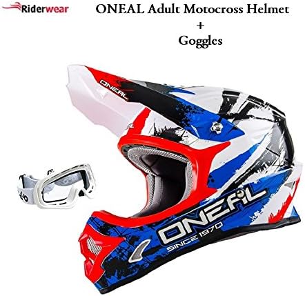 Oneal 3 Series Adult Mx Helmet Shocker Motorcycle Motorbike Motocross Quad Dirt Bike ATV Enduro Off Road Helmet BLUE/RED/WHITE And X1 White Goggles