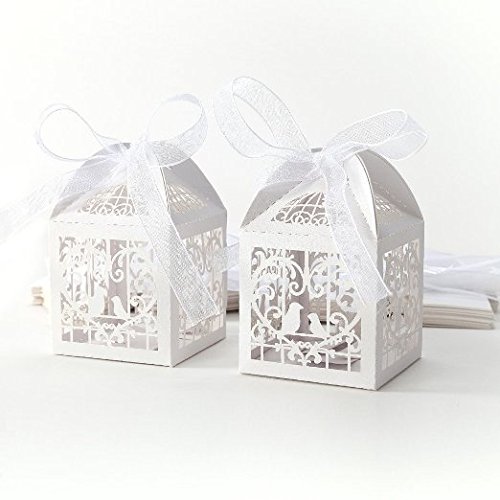 Gospire 50pcs Deluxe Party Wedding Favor Super Gift Laser Cut Pearl Paper Ribbon Candy Boxes Gift Box Bombonera Classical Bird Style (White)