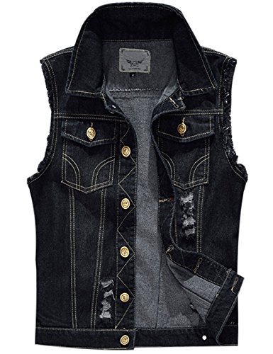 Yeokou Men's Distressed Sleeveless Denim Jean Motocycle Vest Waistcoat Jacket (Large, Black)