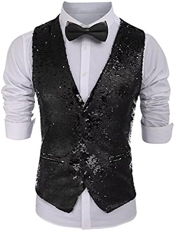 Suxiaoxi Men's Gorgeous Sequins V-Neck Tuxedo Vest Nightclub Waistcoat