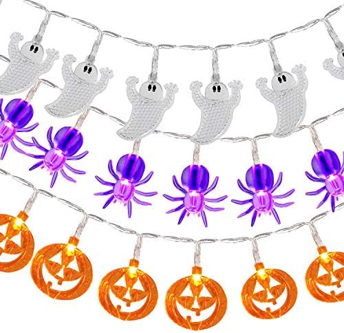 ELEFOCUS Halloween String Lights - Orange Jack O'Lanterns,White Ghosts,Spider - Set of 3 with 60 LED Light