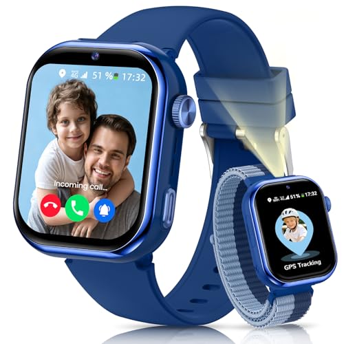 4G Children's Smart Watch with GPS, Video Call, Voice Chat, Dual Camera, SOS, School Mode, Pedometer, Alarm Clock, Camera, IP68, Smartwatch for Boys Girls, Blue