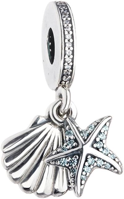 FUNSHOPP European Summer Blue Tropical Starfish and Seashell Dangle 925 Silver DIY Fits for Original Pandora Bracelets Charm Jewelry