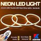 KERTME Neon Led Type AC 110-120V LED NEON Light Strip, Flexible/Waterproof/Dimmable/Multi-Modes LED Rope Light + 23 Keys Remote for Home/Garden/Building Decoration (16.4ft/5m, Warm White 3500K)