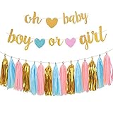 Gender Reveal Party Decorations - Glitter Letters OH BABY and BOY OR GIRL With Hearts Banner, Tissue Paper Tassels Garland Set for Baby Shower Party Decorations