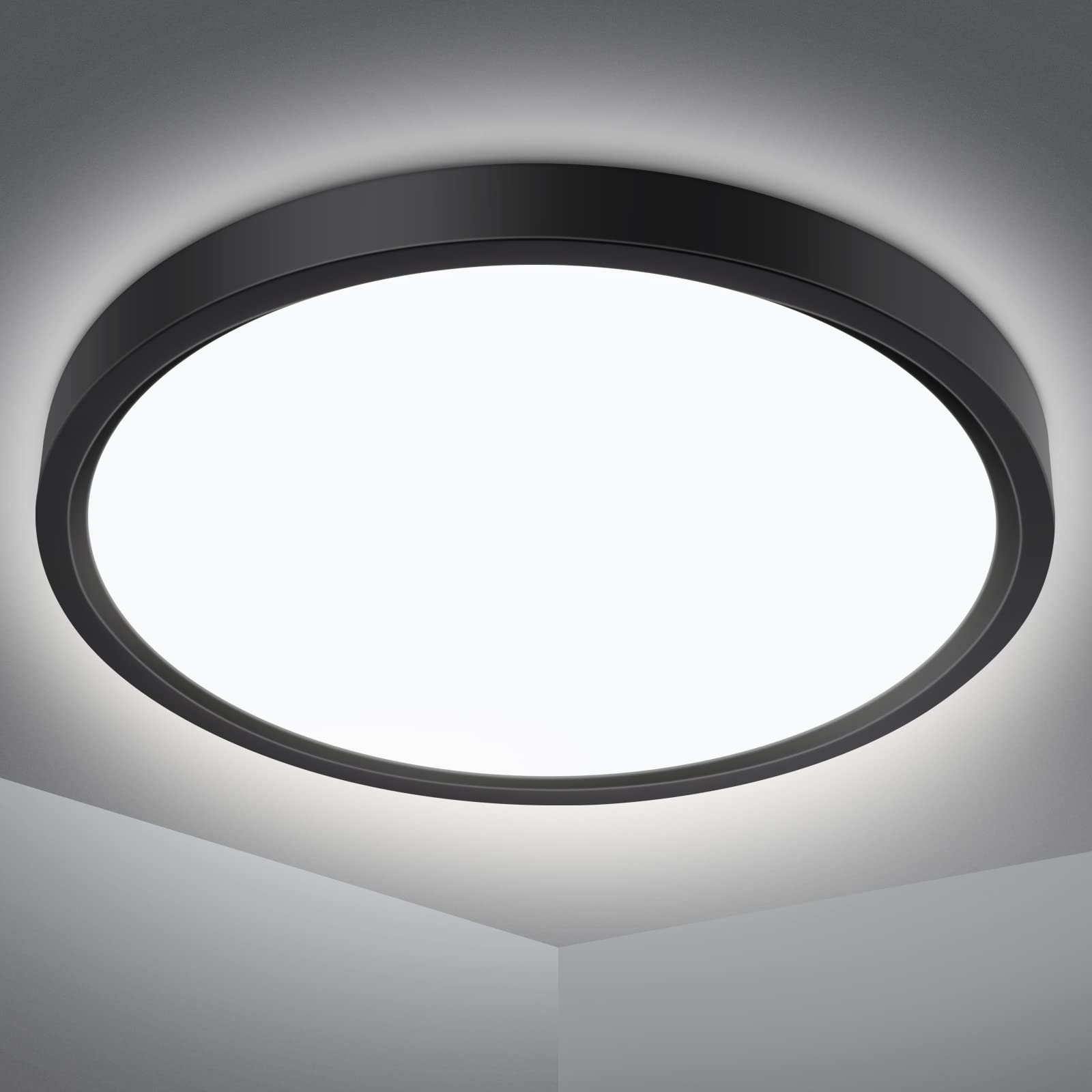 Defurhome Bathroom Ceiling Light,24W 2200LM,150W Equivalent, 5000K Daylight White,Waterproof IP54,Dome Modern Flush Ceiling Light for,Kitchen,Porch,Bulkhead,Bedroom,Utility Room, Ø30CM(Black)