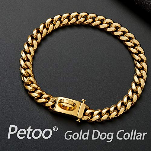 Stainless Steel Charm Metal Gold Chain Dog Collar with Buckle, Waterproof Anti-Chew Cuban Link Chain Bulldog Pendant Necklace Collar for Medium Large Dogs