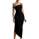 Infeel newz One Shoulder Dresses for Women Summer Prom Party Twist Asymmetrical Slit Bodycon Ruched Long Cocktail Dress