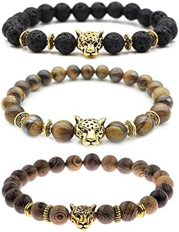 MIKINI Unisex Healing Stone Crystal Beads Bracelets Set Chakra Reiki Balancing for Women Men Lion Head Bracelet