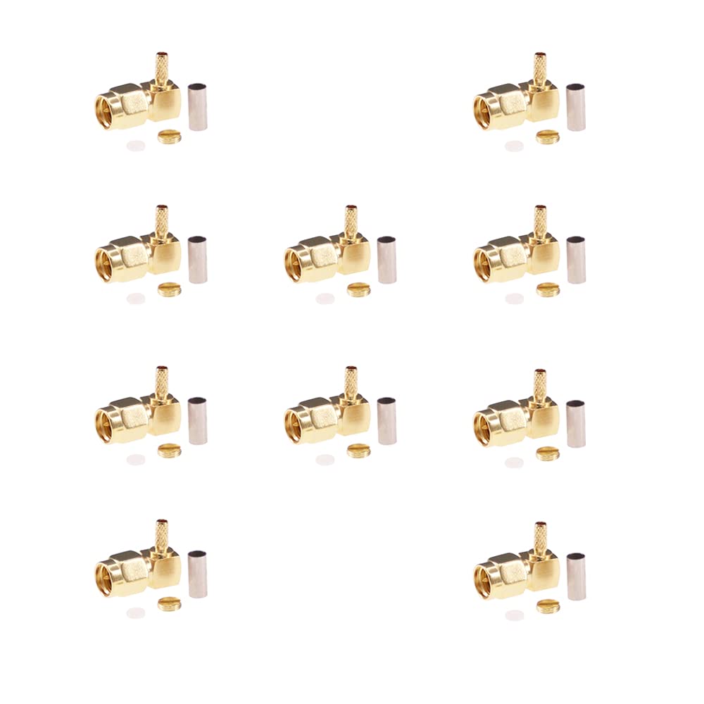 RFaha 10sets SMA Male Crimp Gold-Plated Right Angle RF Coaxial Connector for RG316 RG174 LMR100 Cable(F56-10)