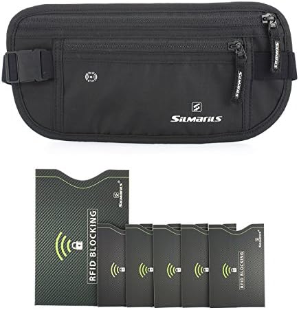 RFID Blocking Travel Money Belt/Hidden Waist Pack + 6 Bonus Sleeves (Midnight Black/L)