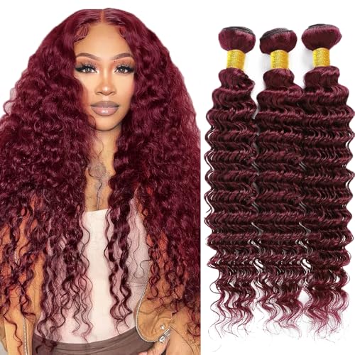 #99J Burgundy Bundles Human Hair Deep Wave Bundles 30 32 34 Inch Wine Red Unprocessed Brazilian Virgin Hair 3 Bundle Deals Quick Weave Hair Extensions 50 Gram Per Bundle For Woman at Amazon