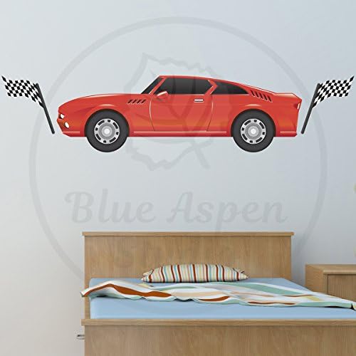 Red Race Car Wall Decal Fabric - Made in the USA - Cartoon Racecar Sportscar Boys Decal Wall Stickers, Kids Room Decor - Removable Sticks to Any Surface, Large