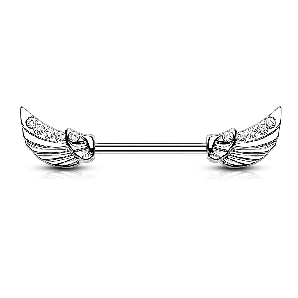 PiercedOff 316L Surgical Steel Nipple Bar with Clear CZ Lined Angel Wings - Thickness 14GA (1.6mm) / Length 14mm / Wing Size 10mm x 5mm