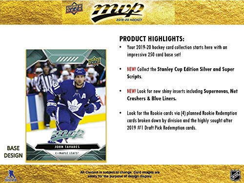 MVP 2019 2020 Upper Deck NHL Hockey Series Unopened Blaster Box of 21 Packs with Chance for Rookies Plus #1 Draft Picks Cards and Blaster Exclusive Gold Scripts
