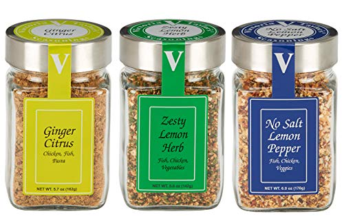Lemon Love Collection - GINGER CITRUS, ZESTY LEMON, AND NO SALT LEMON PEPPER. For seasoning chicken, shrimp, fish, salads, and vegetables. VICTORIA TAYLOR'S BY VICTORIA GOURMET.