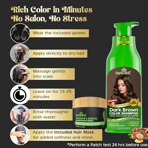 Herbishh Combo Pack-2Pcs Hair Color Shampoo For Gray Hair+ 1Pc Argan Intense Hair Mask- Hair Dye Shampoo – Colors Hair In Minutes – Long-Lasting Color– 500 Ml –Stimulates Dry Frizzy Hair (Dark Brown)