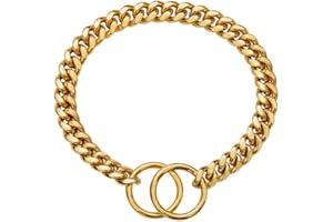 18K Gold Chain Dog Collar 10MM Cuban Link Chain Stainless Steel Metal Links Walking Training Collar Choker for Small Medium L