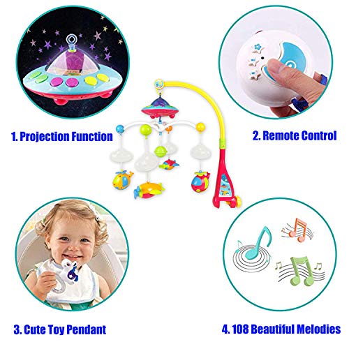 Baby Mobiles Crib with Music and Lights,Baby Crib Decoration,Projection and Night Light,Timing Function,108 Melodies Music Box with Remote Control,Take-Along Rattle Newborn Gift