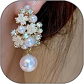 Crystal Flower Pearls Statement Earrings for Women,Sparking Rhinestone Floral Cluster Hollow Drop Dangle Earrings Dainty Mother's Day Jewelry Gift