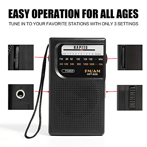 Portable Pocket Transistor Radio Battery Operated AM/FM Radio - Best Reception, Longest Lasting, Built-in Speaker and 3.5mm Headphone Jack for Walking Hiking Camping (Black)