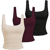 BEAUDRM Women's Y2k Double Lined 3 Piece Crop Tank Top Sets Square Neck Sleeveless Ruched Tee Shirt Basic Tops Pack