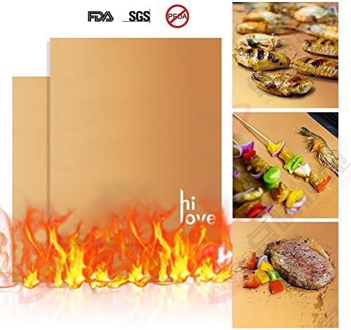 Hilove Copper Grill Mat Set of 2-As Seen on TV Non-stick BBQ Grill &amp; Baking Mats - FDA-Approved,Reusable and Easy to Clean - Works on Gas, Charcoal, Electric Grill and More - 16 x 13 Inch (gold)