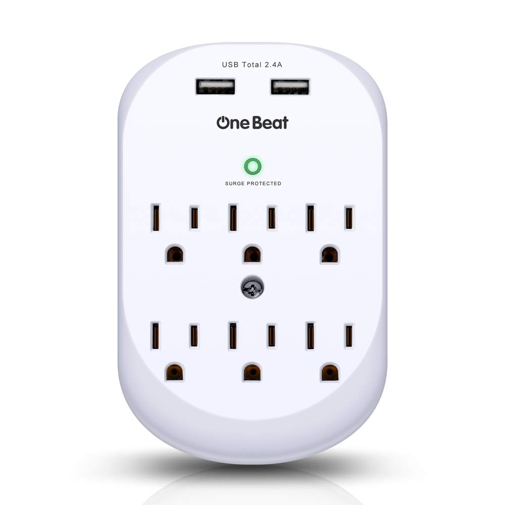 6 Outlet Surge Protector, One Beat Multi Outlet Wall Mount Adapter with 2 USB Charging Ports 2.4 A, 490 Joules, ETL Certified-White