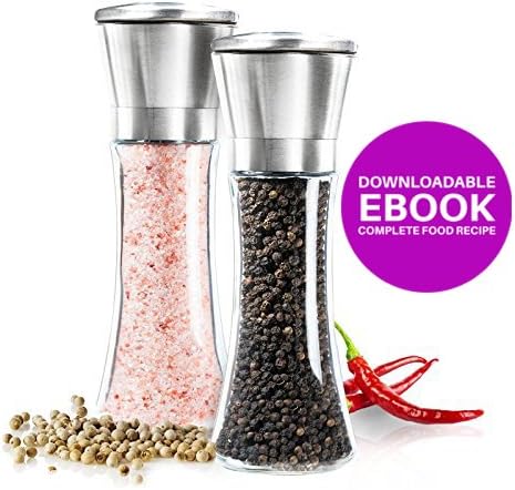 Peppermillion | Prime Stainless Steel Manual Pepper / Salt Mill with Clear 6oz Glass Body, Adjustable Grinding Mechanism, 7.6 x 2.5in, Elegant Brushed Finish