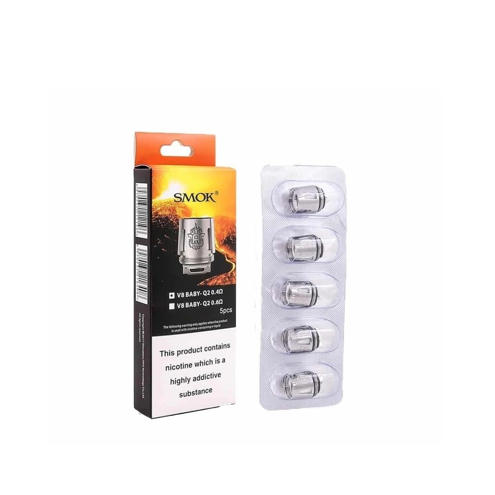 SMOK TFV8 Baby V8 Q2 Coils, 0.4 Ohm, Replacement Coils, Works With TFV12 Baby Prince Tank, TFV8 Baby Tank, TFV9 Mini Tank, Pack of 5, No Nicotine