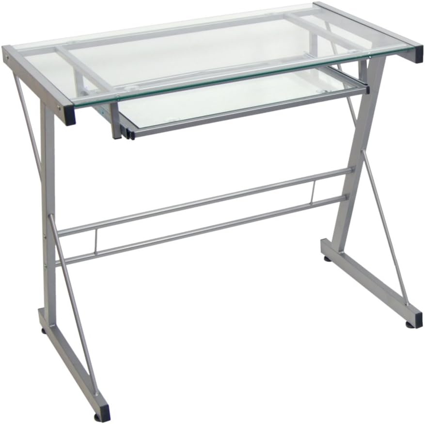 Eden Bridge Designs Computer Desk Modern Laptop Study Desk with Shelves for Home Office Metal Solo Computer Desk, Glass, Silver, 33-Inch