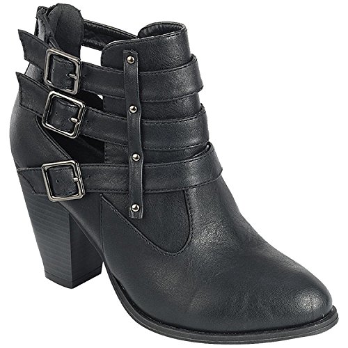 Forever Women's Buckle Strap Block Heel Ankle Booties, TPS Camila-62 Black Size 8.5