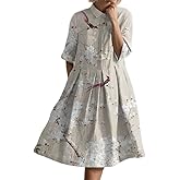 Women’s Vintage Floral Print Short Sleeve Button Down Shirt Dress Summer A Line Dressy Casual Loose Fit Dresses