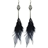 QLUYCKW Bohemian Feather Long Earrings Handmade Teardrop Beaded Colorful Faux Feather Vintage Tassel Dangle Drop Earrings for Women Jewelry